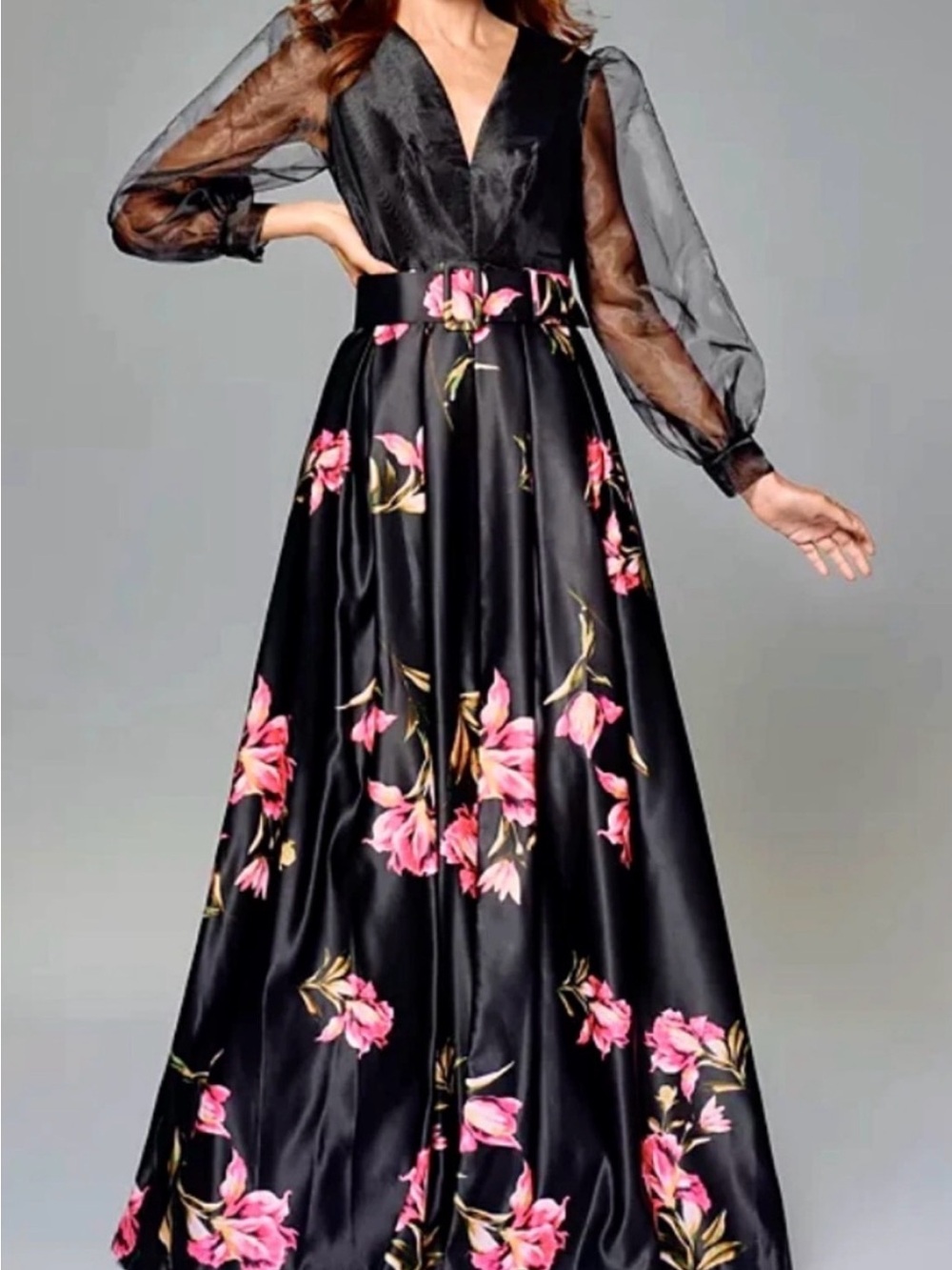 Adam Black Dress with Pink Floral and Sheer Sleeves